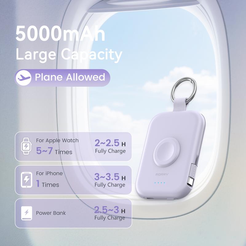 RORRY Mini Portable Power Bank, USB Type-C Interface, Built-in Data Cable and Keychain